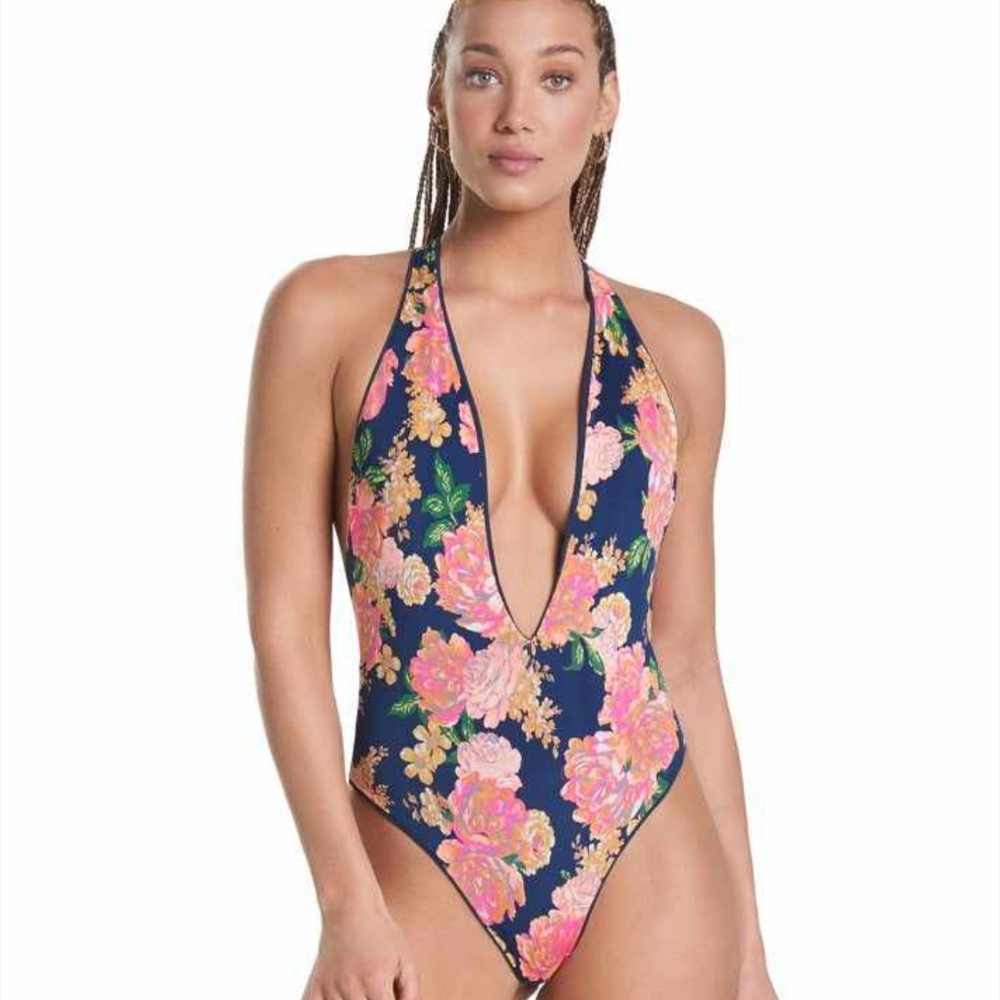 Maaji Blue Bell Tiki Plunge Reversible One Piece Swimsuit Floral Size S NWT